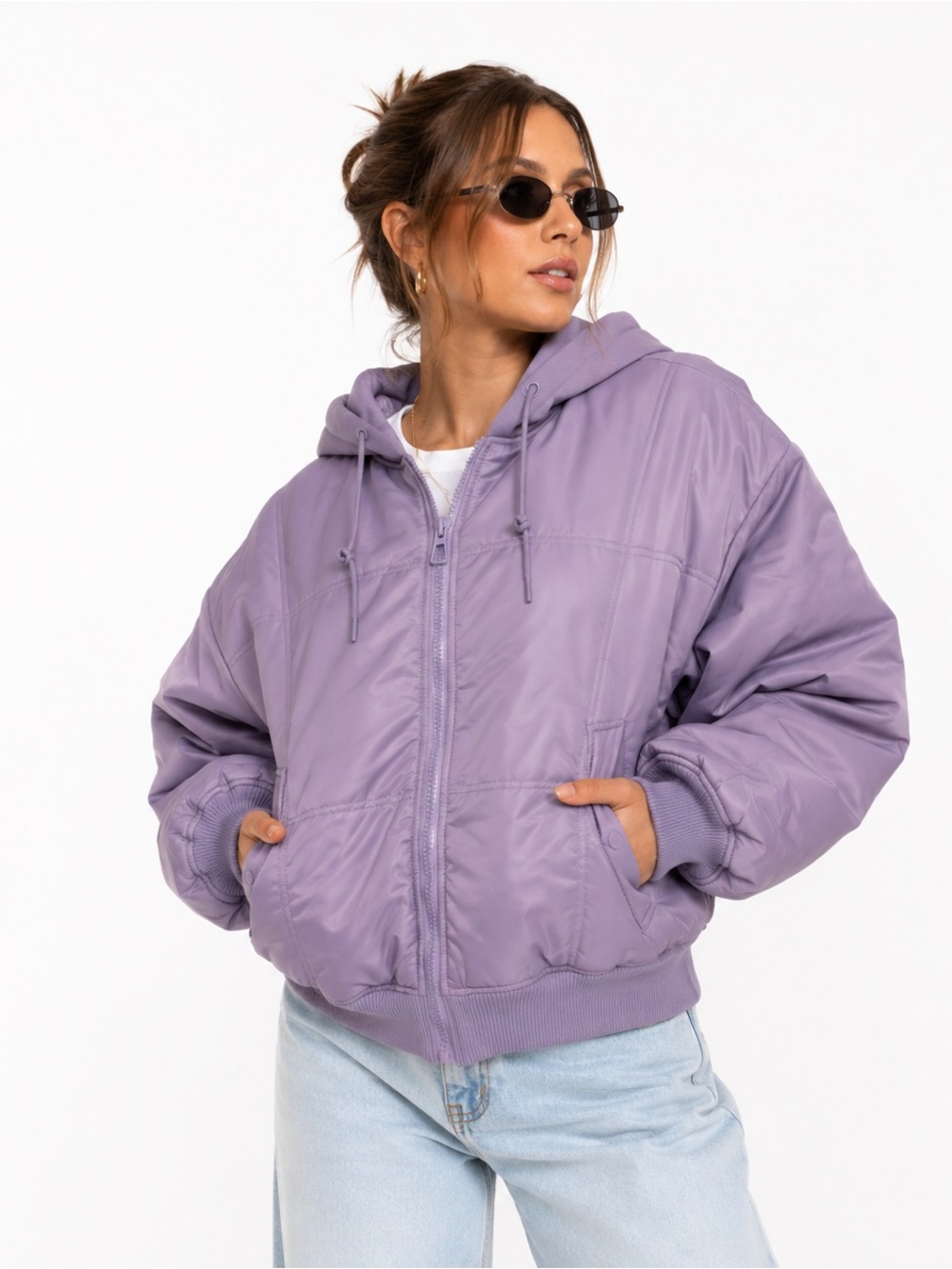 Good American Puffer Full Zip Hoodie Jacket Lavender Purple